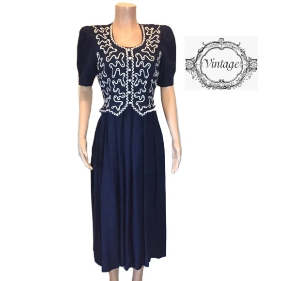 Plaza South Vintage Blue Beaded Short Sleeve Secretary Popover Dress Size 4 - Picture 1 of 8